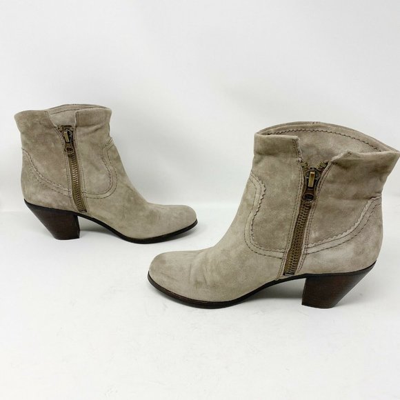 SAM EDELMAN LOUIE Boots Sz 9 Tan Suede Leather Fringe Ankle Booties Stacked Heel - Picture 6 of 11